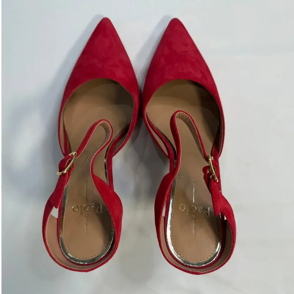 Linea Paolo Red Suede Heels Womens 9 Pointed Toe Ankle Strap Pumps Stiletto